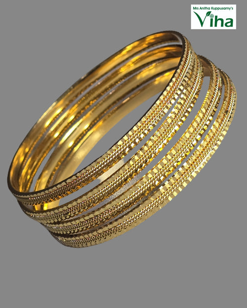 Impon Bangle - Designer, four gold-toned bangles with textured patterns featuring faceted edges and plain bands