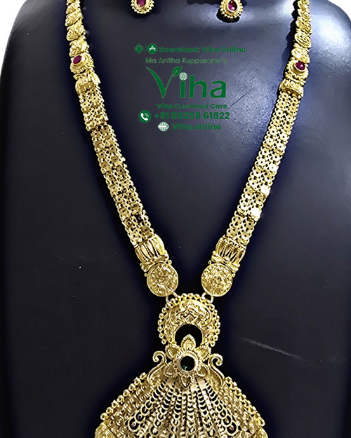 Impon Haram with Multi Colour Kundan, a layered fan-shaped pendant and matching earrings