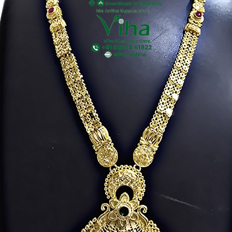 Impon Haram with Multi Colour Kundan, a layered fan-shaped pendant and matching earrings
