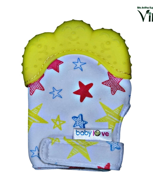 Baby Soft Silicone Hand Teether Glove, a white fabric mitten with star patterns and a yellow textured top section