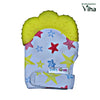 Baby Soft Silicone Hand Teether Glove, a white fabric mitten with star patterns and a yellow textured top section