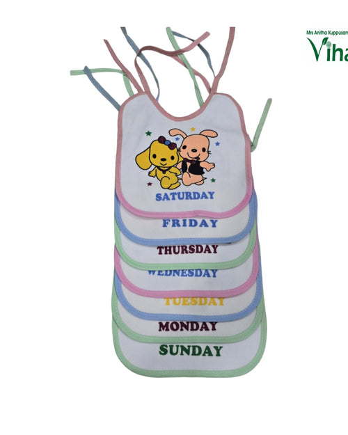 Baby Bib, a stack of seven white fabric bibs with colorful piping, printed days of the week, and cartoon animal graphics on the top bib
