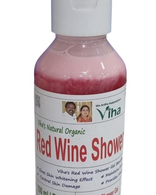 Viha's Red Wine Liquid Soap - Face & Body Wash, a round plastic bottle filled with pink liquid and capped with a white lid bearing a label with text
