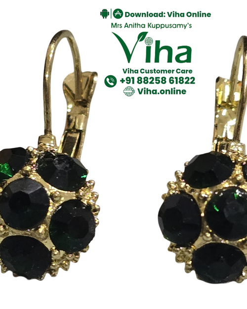 Stylish Stone Stud, two gold-toned hanging earrings with round clusters of faceted black stones tinged with green and scalloped edges