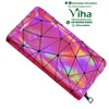 3D Glitter Hand Purse, a rectangular pink holographic wallet with a black geometric triangle pattern and a silver-toned zipper pull