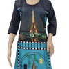 American Crepe Kurti Size :- XL, a mannequin modeling a long-sleeved dark blue tunic with a Paris tower graphic and blue abstract lower panel