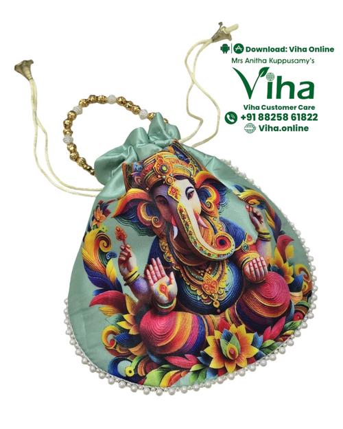 Ganesha Potli Bag with drawstring closure and tassels
