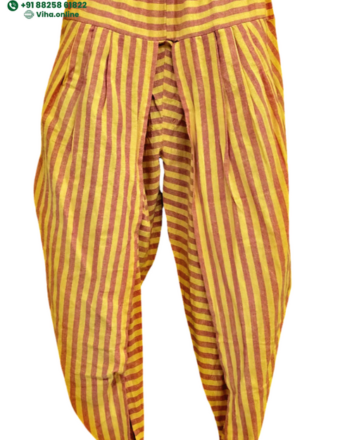 Traditional Tulip Pant, yellow and reddish-brown vertical striped pattern and elasticated waistband