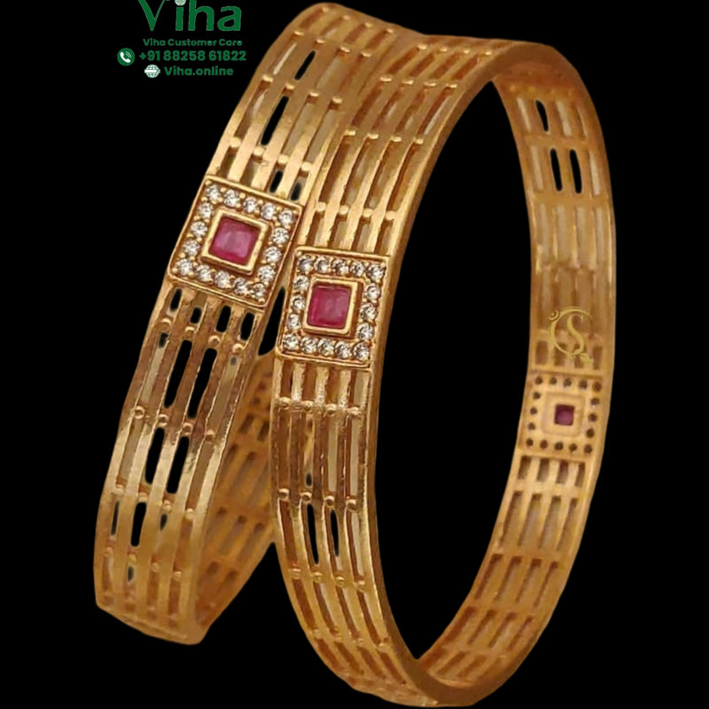 Designer Fancy Bangles with openwork grid pattern and red stone