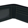 Money Attracting Wallet, an open smooth black bifold with a clear window pocket, two card slots, and yellow contrast stitching