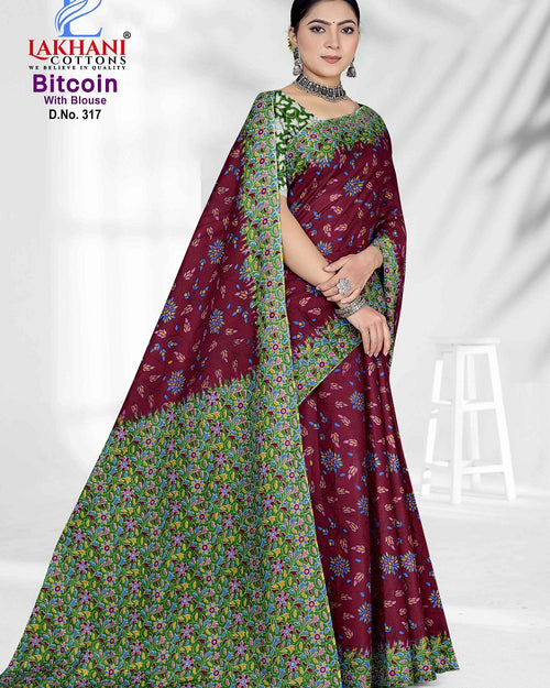 100% Pure Cotton Saree With Blouse in maroon, green, blue and yellow with a floral pattern