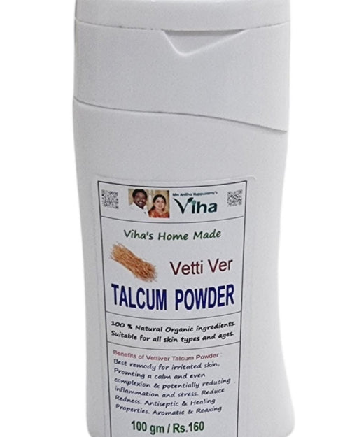 Viha Vettiver Talcum Powder, a white plastic bottle featuring a flip-top lid and a rectangular label with black and blue text and an image