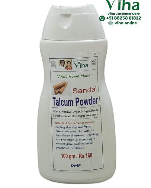 Viha Sandal Talcum Powder, a white plastic bottle featuring a flip-top cap and a central label containing text and two brown stick illustrations