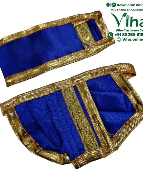 Ganesha & Krishna Dhoti, two blue and gold-toned fabric garments with borders arranged diagonally on a white background