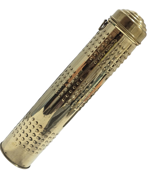 Agarbathi Storage Container, a shiny gold-toned container with a domed cap and dotted holes along its length