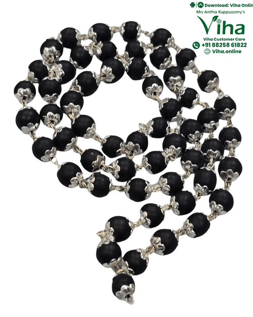 Karungali Mala White Metal Flower Capping, black round beads with silver-toned flower caps strung on a matching chain