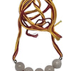 Rose Quartz Rahi / Bracelet, five grey smooth round beads flanked by silver-toned metal beads on yellow and maroon thread strands