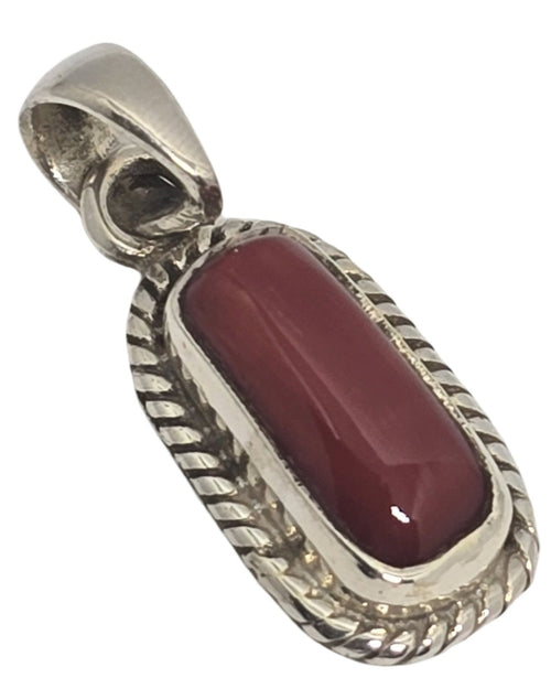 Coral Pendant Silver, oblong stone with metal border