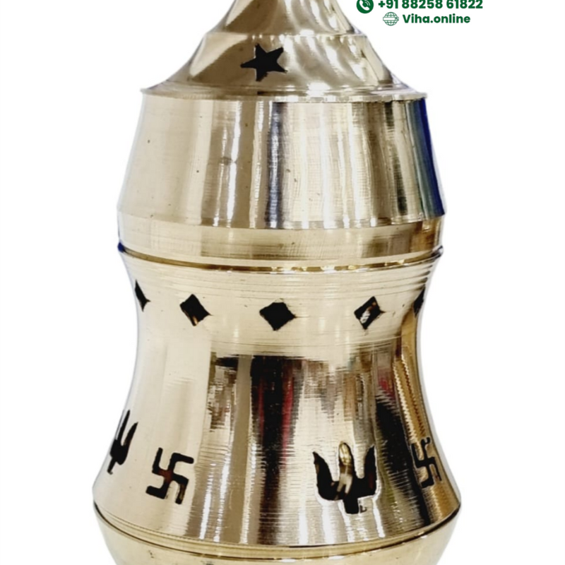 Karpoora lamp, tall pierced camphor burner with star and swastik cut-outs under a domed finial lid