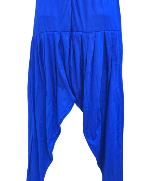 Women Patiala Pant - XL, a pair of bright blue harem pants with an elasticated waistband and pleats draping down the legs