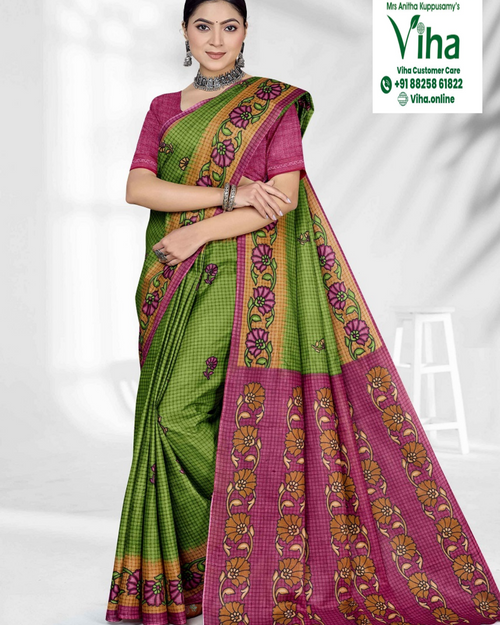 100% Pure Cotton Saree With Blouse in green, magenta and gold with a checkered pattern and floral border