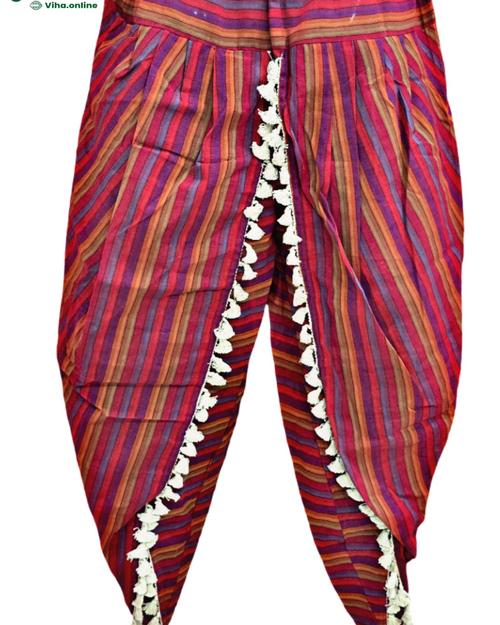 Traditional Tulip Pant with vertical stripes and white tassel trim along the front opening