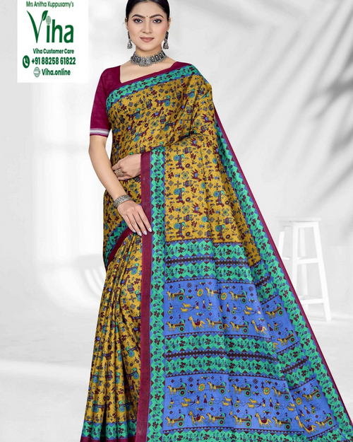 100% Pure Cotton Saree With Blouse in mustard yellow, maroon and blue with animal and figure motifs
