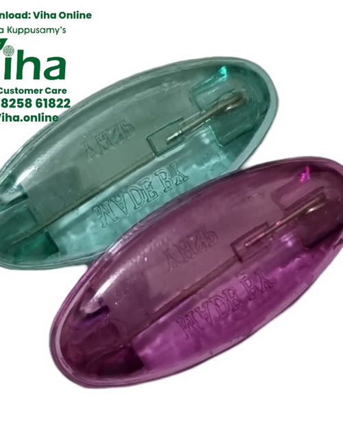 Saree Pin, two oval translucent saree pins, one mint green and one magenta, each with a metal pin