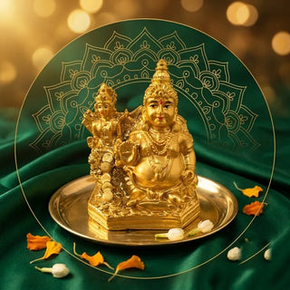 Golden Kuberar statue on a brass plate on green velvet