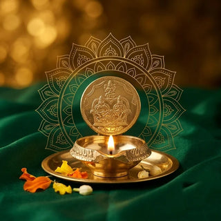 Lit brass Lakshmi Kuber vilakku (oil lamp) with a coin back on a brass plate