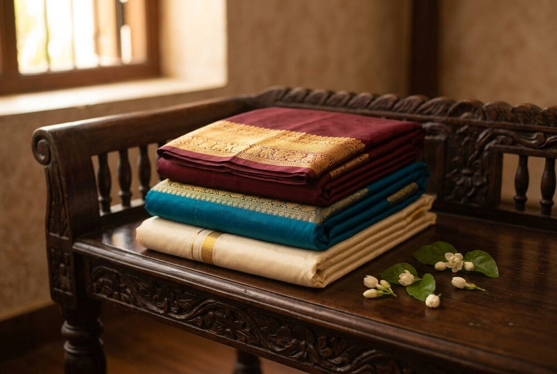 Folded silk sarees with gold zari borders in maroon and peacock blue, and a cream silk veshti (dhoti), on a carved wooden bench