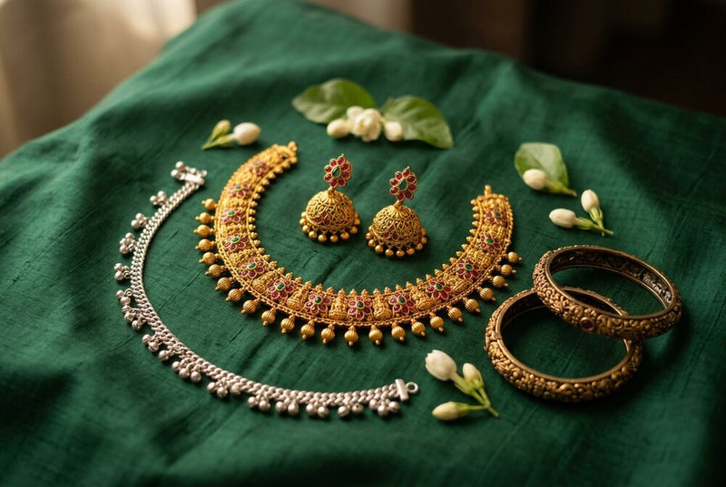 Temple necklace, jhumka earrings, silver kolusu (anklet) and Impon (five-metal) bangles on green silk
