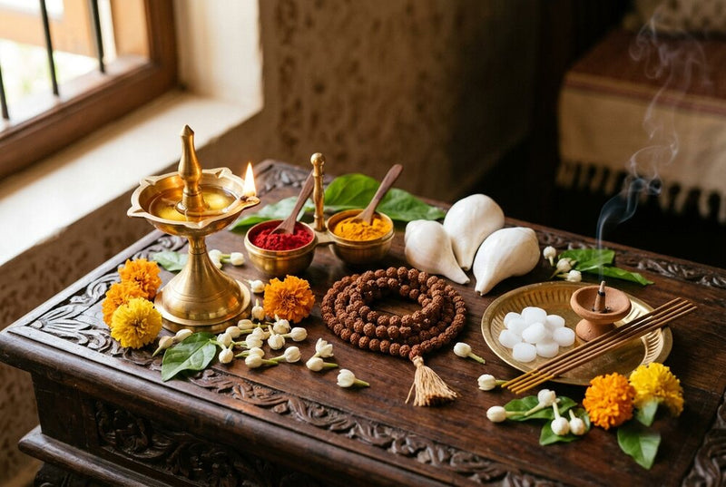 Pooja essentials on a carved teak table: lit brass kuthu vilakku (oil lamp), kumkum and turmeric holder, rudraksha mala, conch shells, camphor and flowers