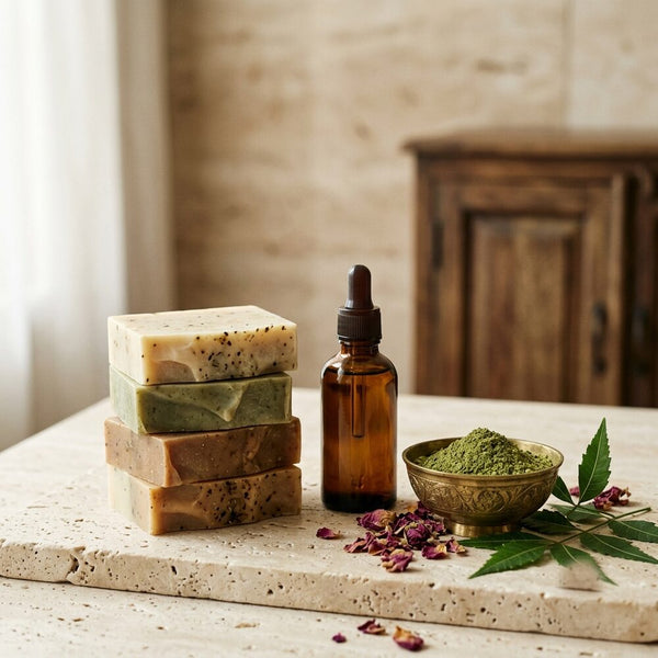 Handmade herbal soaps, herbal oil and powder with rose petals and neem