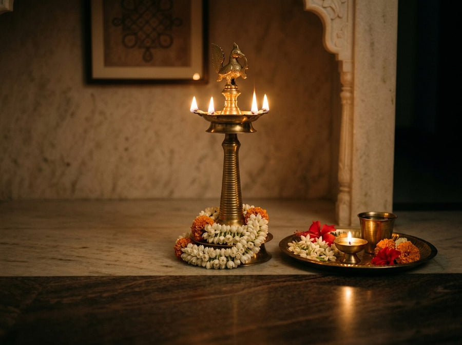 Brass kuthu vilakku (standing oil lamp) lit in a marble pooja alcove with a jasmine garland