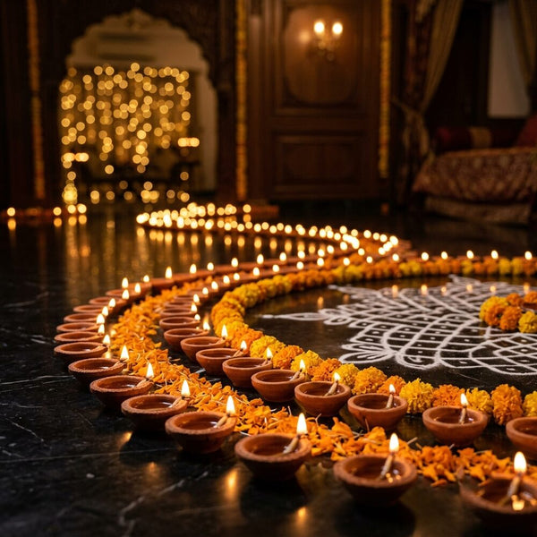 Lit agal vilakku (clay oil lamps) with marigolds and a kolam for Deepavali