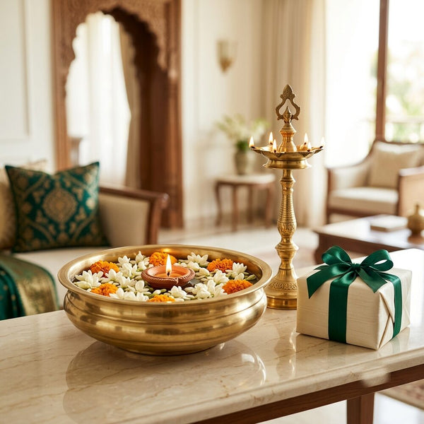 Brass urli with floating flowers, a kuthu vilakku (oil lamp) and a silk-wrapped gift