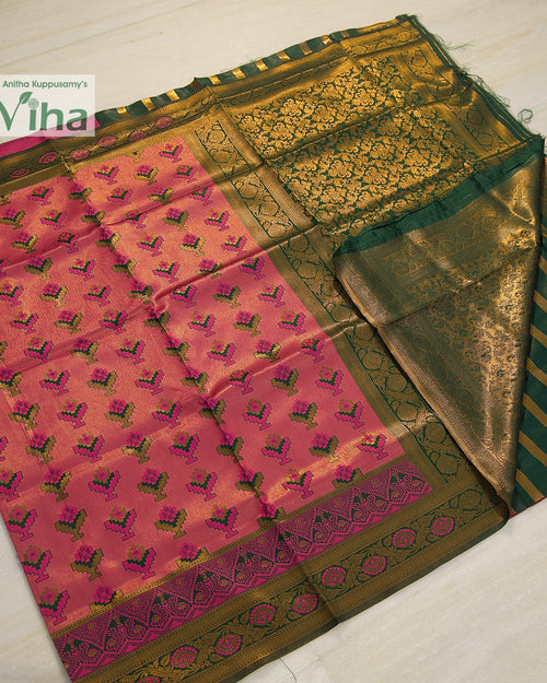Soft Silk Saree With Blouse, pink, green, and gold-toned woven fabric with floral patterns