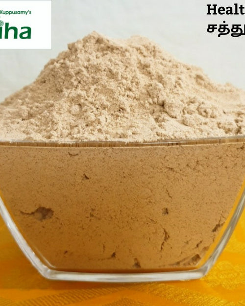 Health Mix Powder, a clear square glass bowl filled to a mound with fine light-brown powder, resting on a yellow surface