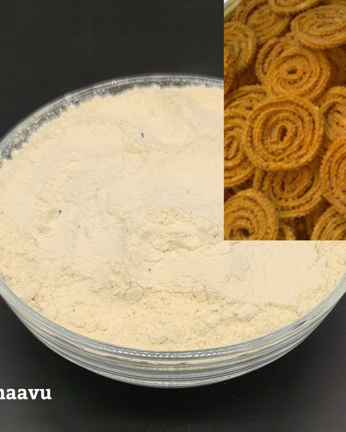 Murukku Maavu in a transparent glass bowl containing fine powder