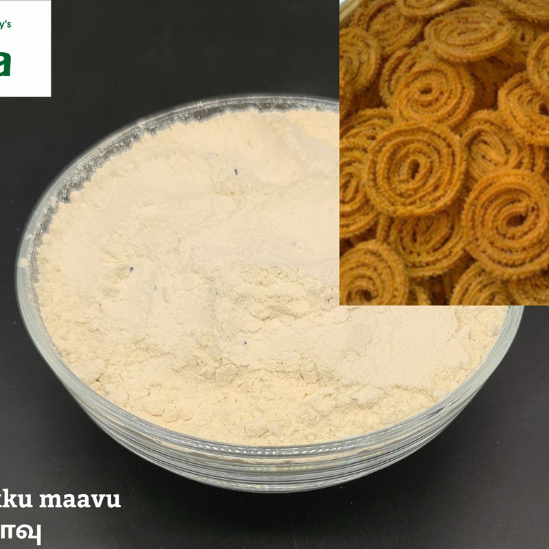 Murukku Maavu in a transparent glass bowl containing fine powder