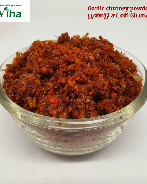 Viha's Garlic Idli Chutney Powder in a clear glass bowl