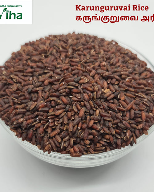 Karunguruvai Rice with reddish-brown grains in a glass bowl