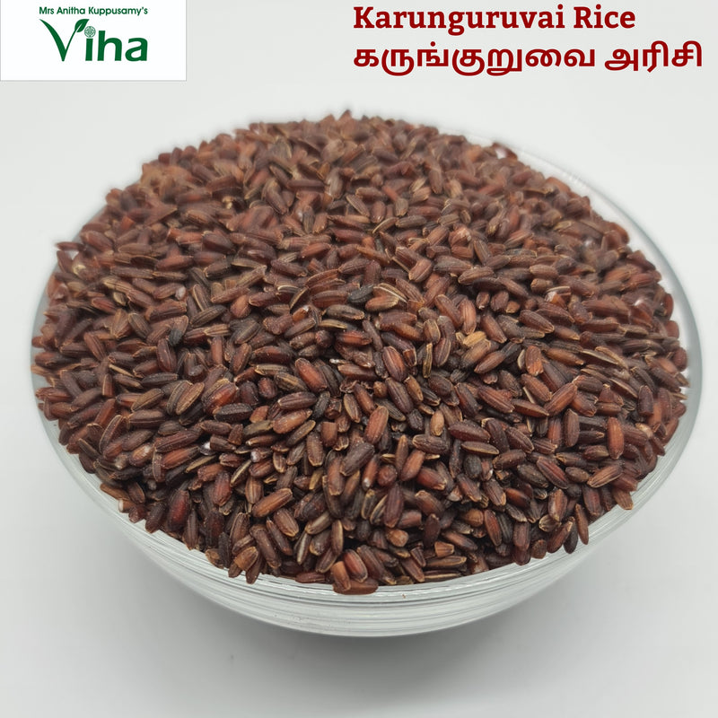 Karunguruvai Rice with reddish-brown grains in a glass bowl