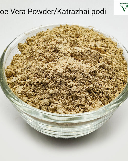 Aloe Vera Powder, a clear ribbed glass bowl containing finely ground beige powder against a white background