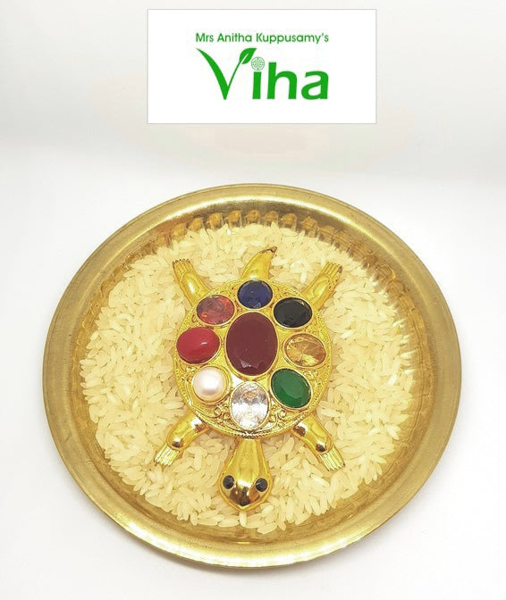 Navaratna Tortoise With Om Plate, tortoise shaped sculpture resting on grains inside a circular shallow dish