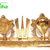 Sangu Chakra Namam Stand, a gold-toned metallic three-piece set featuring a wheel emblem, a U-shaped trident mark, and a conch shell on a base