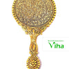 Elegant Framed Handheld Mirror, a gold-toned handheld mirror with intricate embossed floral and scroll patterns and an ornate handle
