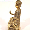 Brass Buddha - Statue, a shiny gold-toned figurine seated cross-legged on an oval base with a raised right hand forming a circle gesture
