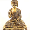 Brass Buddha, seated figure in meditation on a tiered lotus base with a draped robe